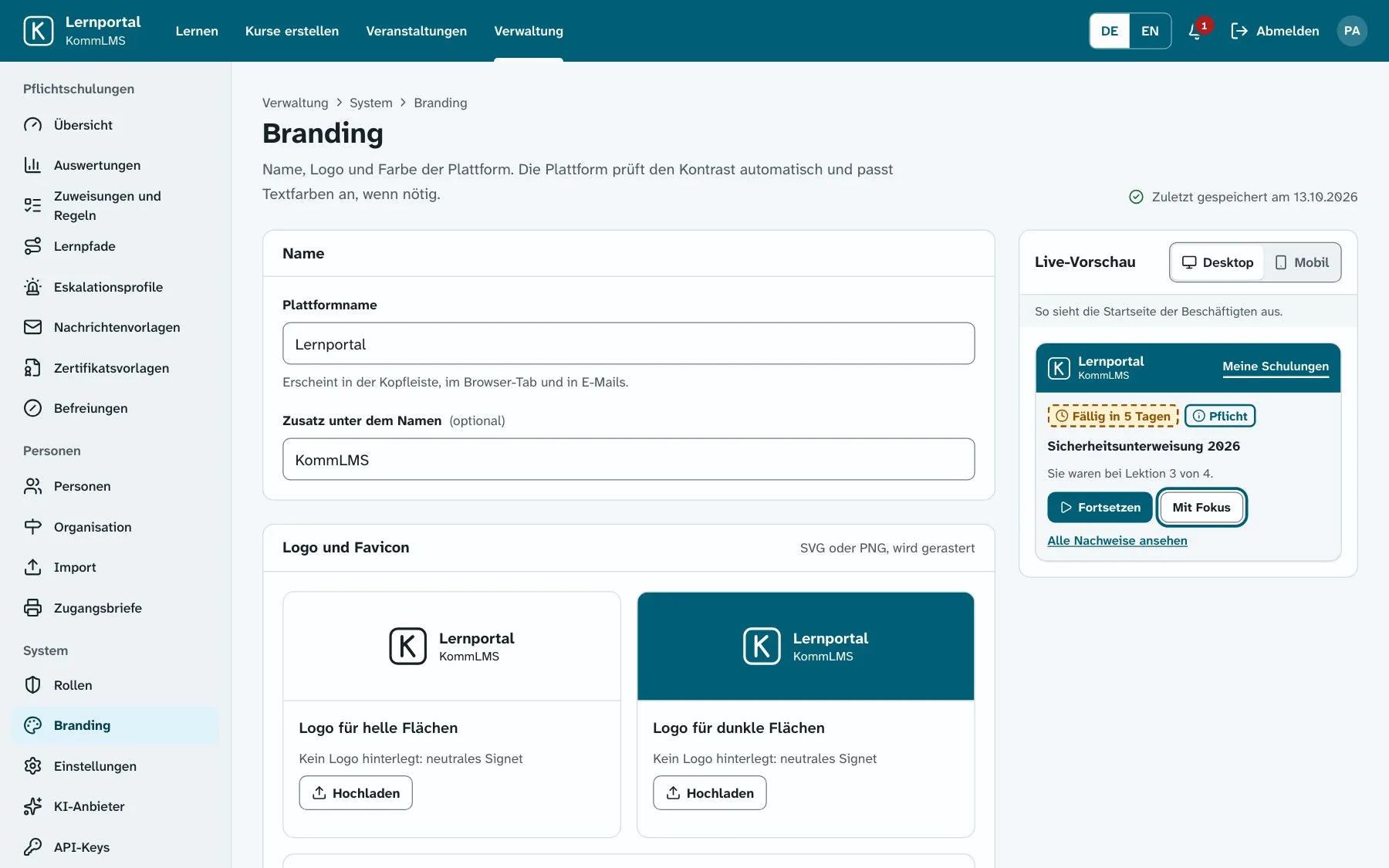 Branding-Einstellungen: Name, Logo und Farbe mit Live-Vorschau.