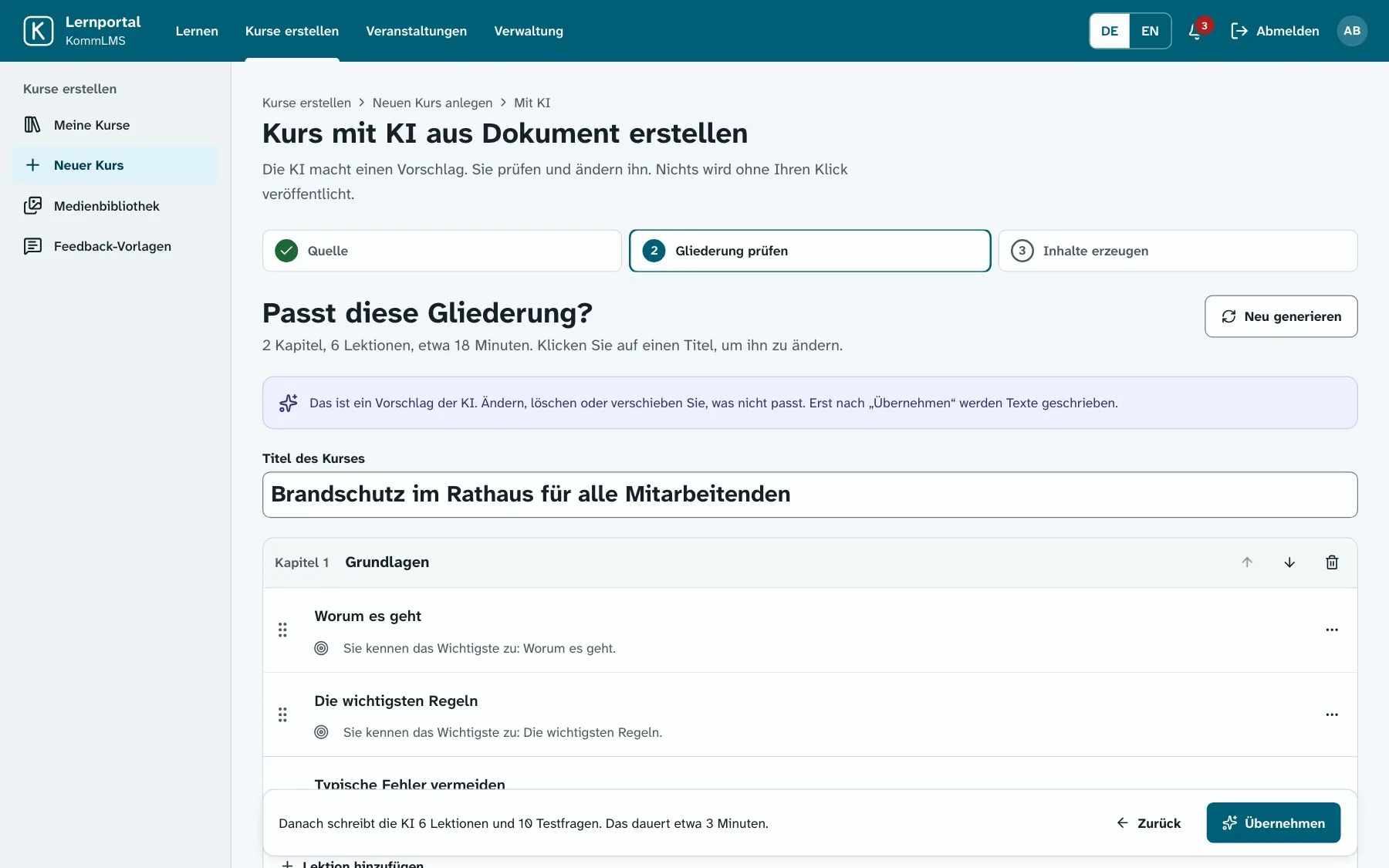 Kurs mit KI aus einem Dokument erstellen: Vorschlag für Kapitel und Lektionen, die die Autorin vor dem Weiterschreiben ändern kann.