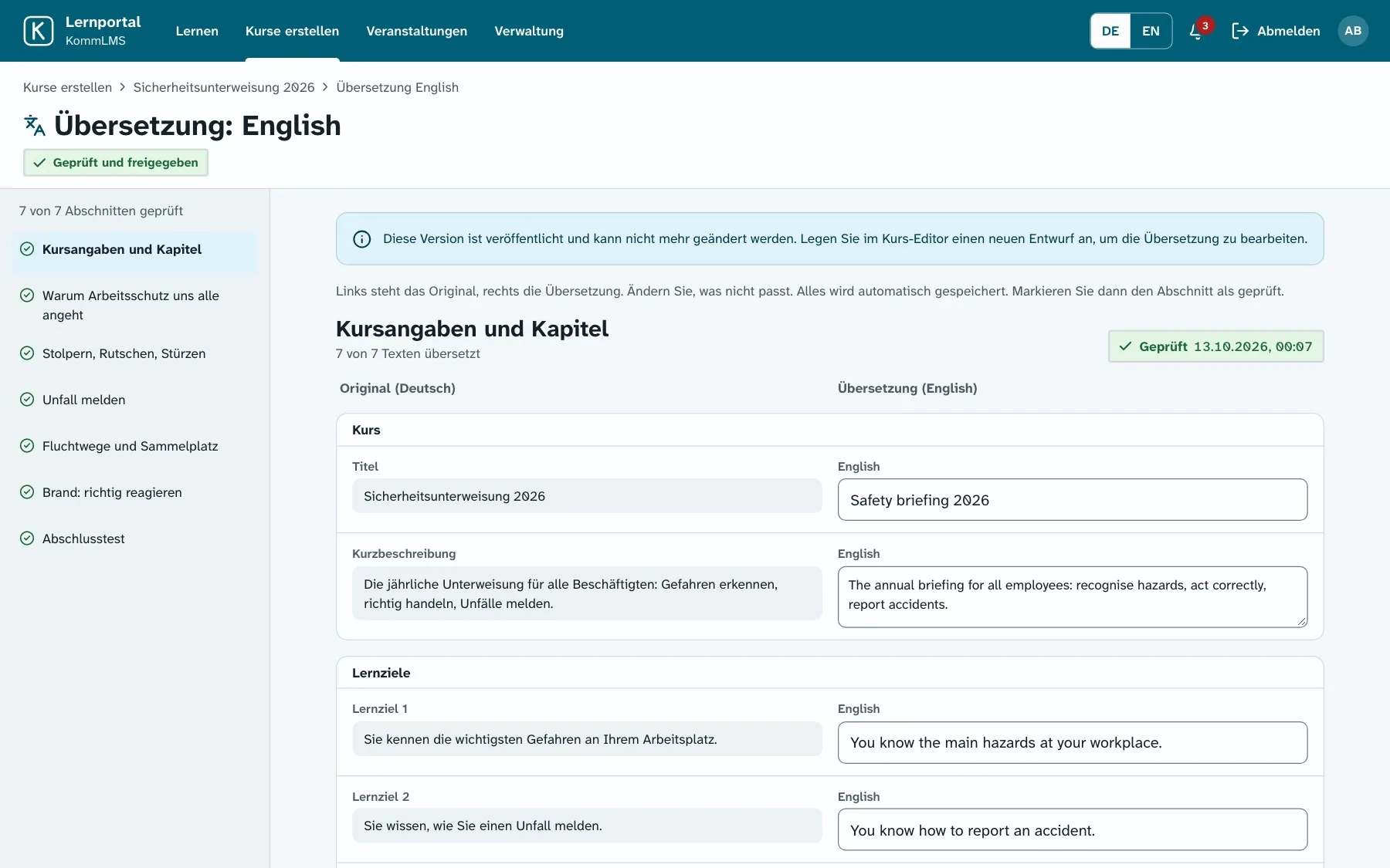 Übersetzung Seite an Seite: links das deutsche Original, rechts die englische Fassung zum Prüfen.
