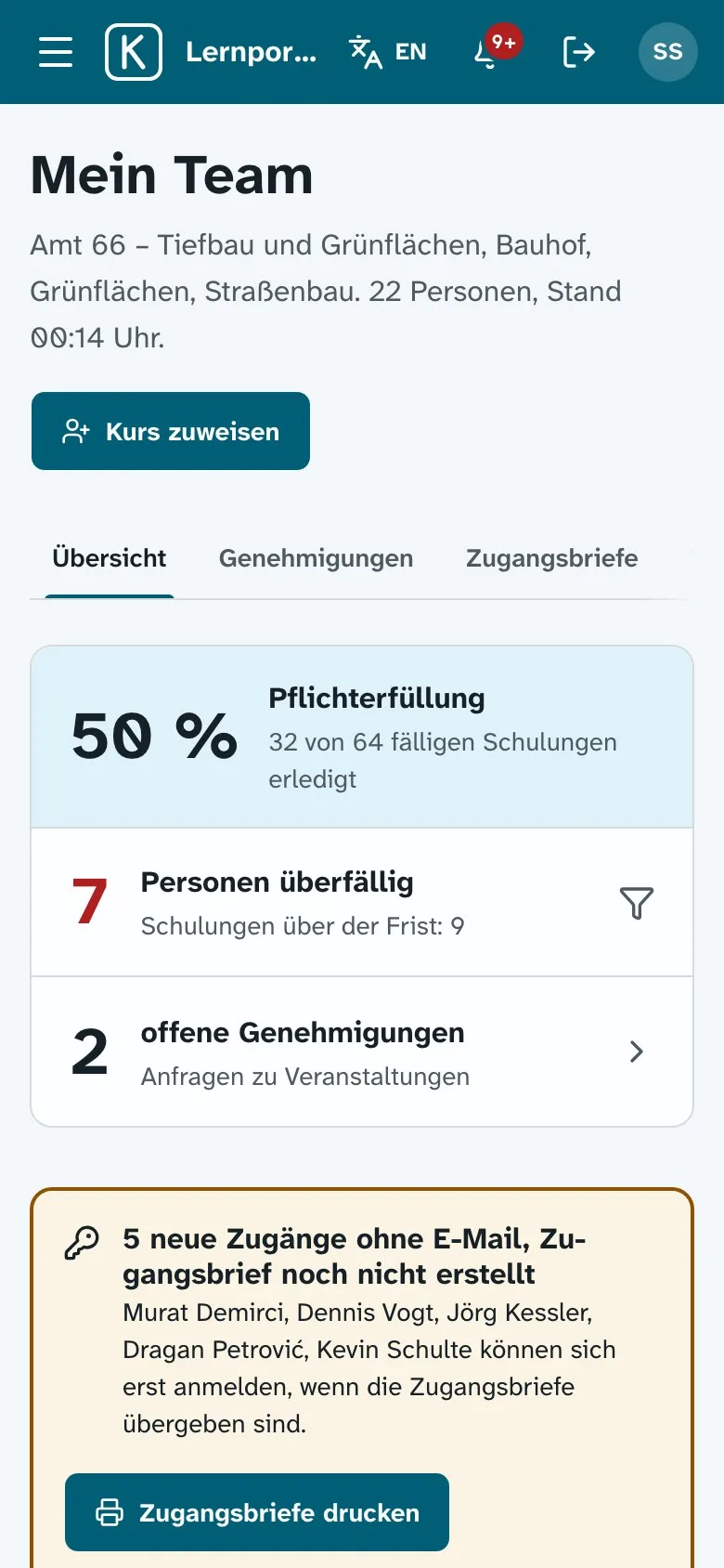 Team-Ansicht am Smartphone mit Kennzahlen und dem Hinweis, dass Zugangsbriefe zu drucken sind.