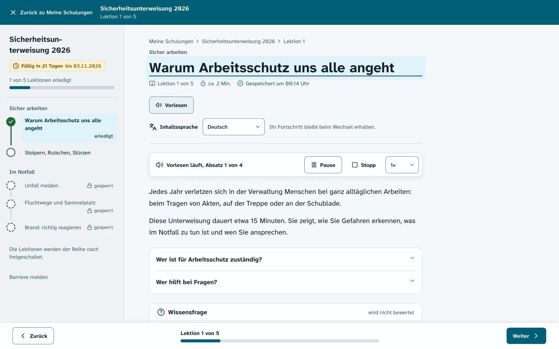Lektion im Kursplayer: Gliederung links, Vorlesen mit Pause und Tempo, Wahl der Inhaltssprache.