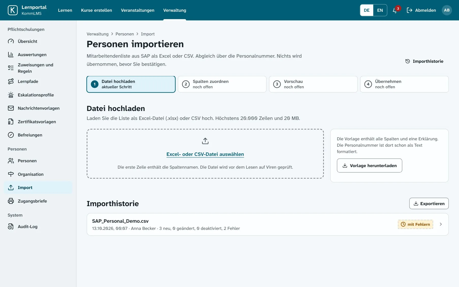 Personen importieren: Datei hochladen, Vorschau prüfen, übernehmen; darunter die Importhistorie.