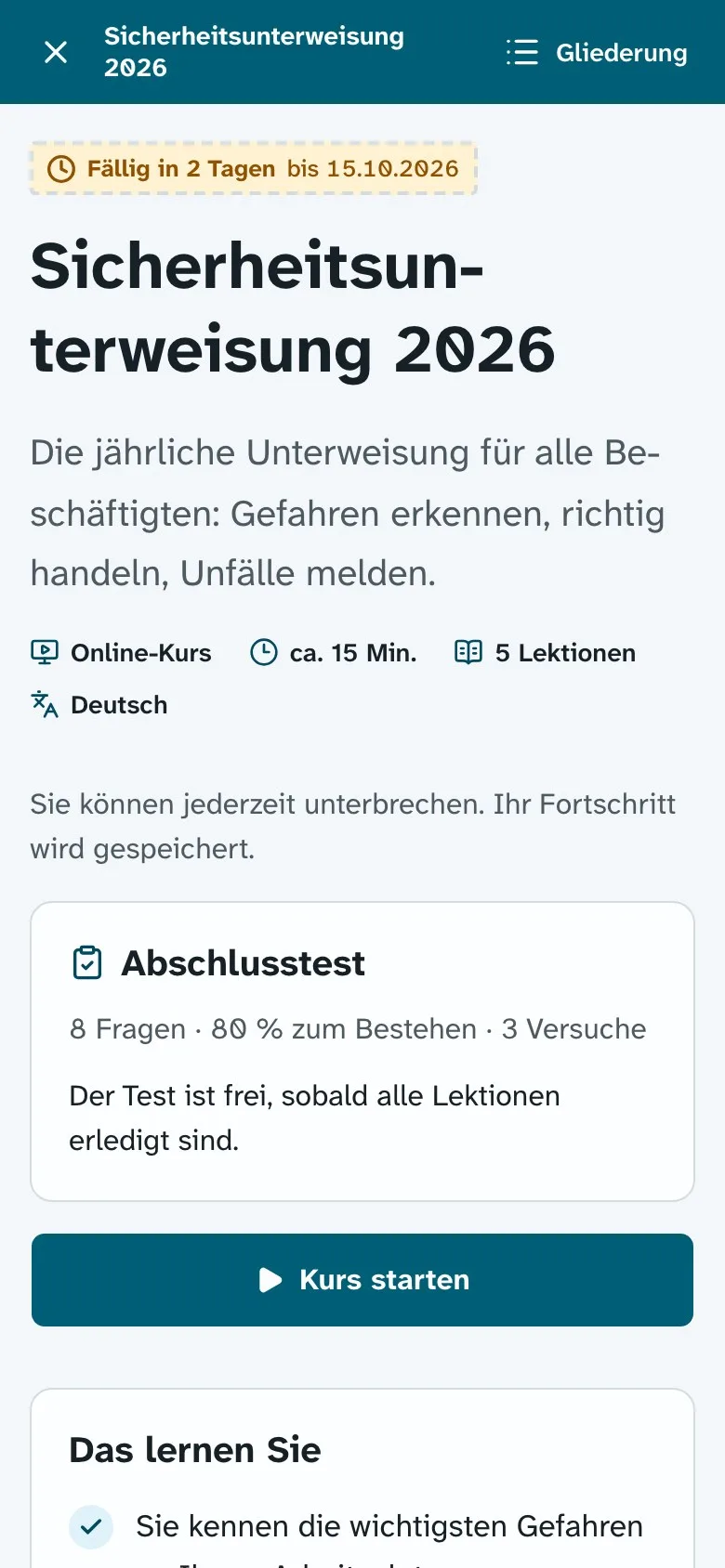 Kursstart am Smartphone: Frist, Dauer, Zahl der Lektionen und die Schaltfläche „Kurs starten“.