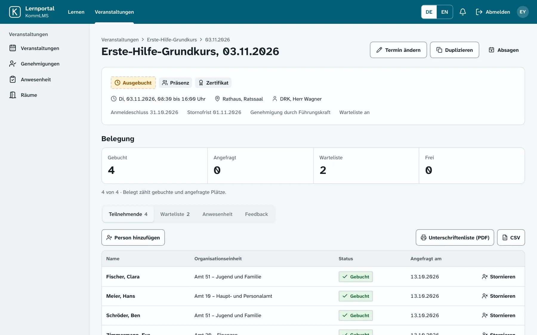 Termin eines Erste-Hilfe-Grundkurses: Belegung, Warteliste, Teilnehmende mit Status und Unterschriftenliste als PDF.